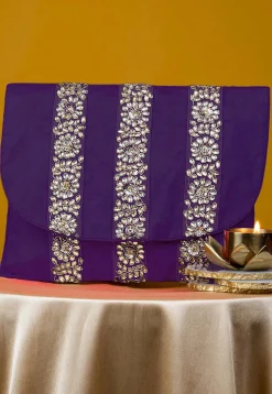 Embellished Art Silk Clutch Bag in Purple