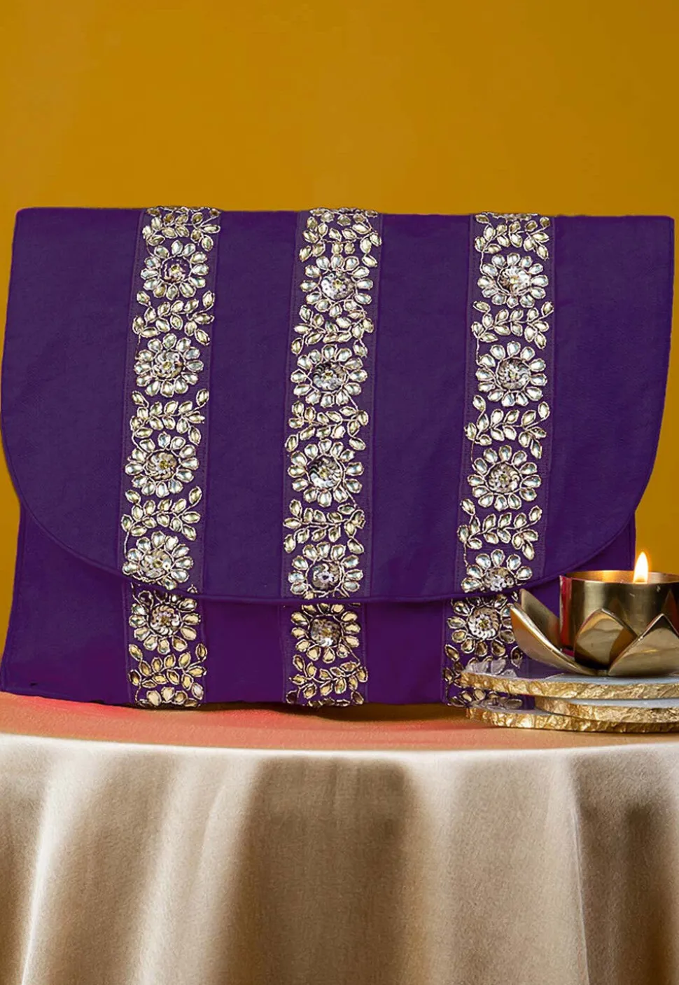 Embellished Art Silk Clutch Bag in Purple
