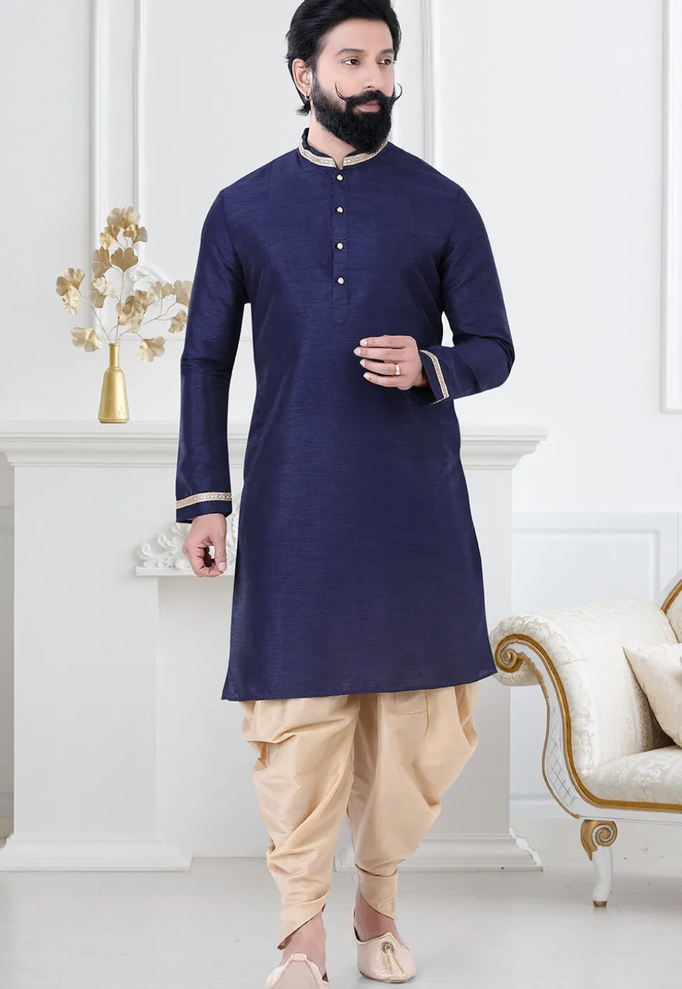 Embellished Art Silk Dhoti Kurta in Navy Blue