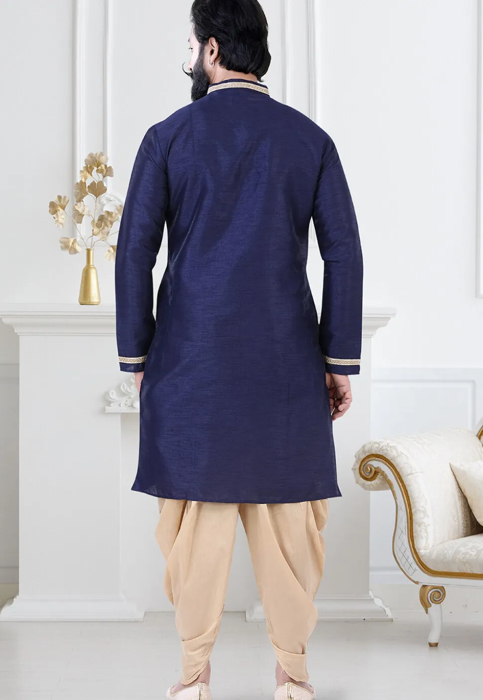 Embellished Art Silk Dhoti Kurta in Navy Blue