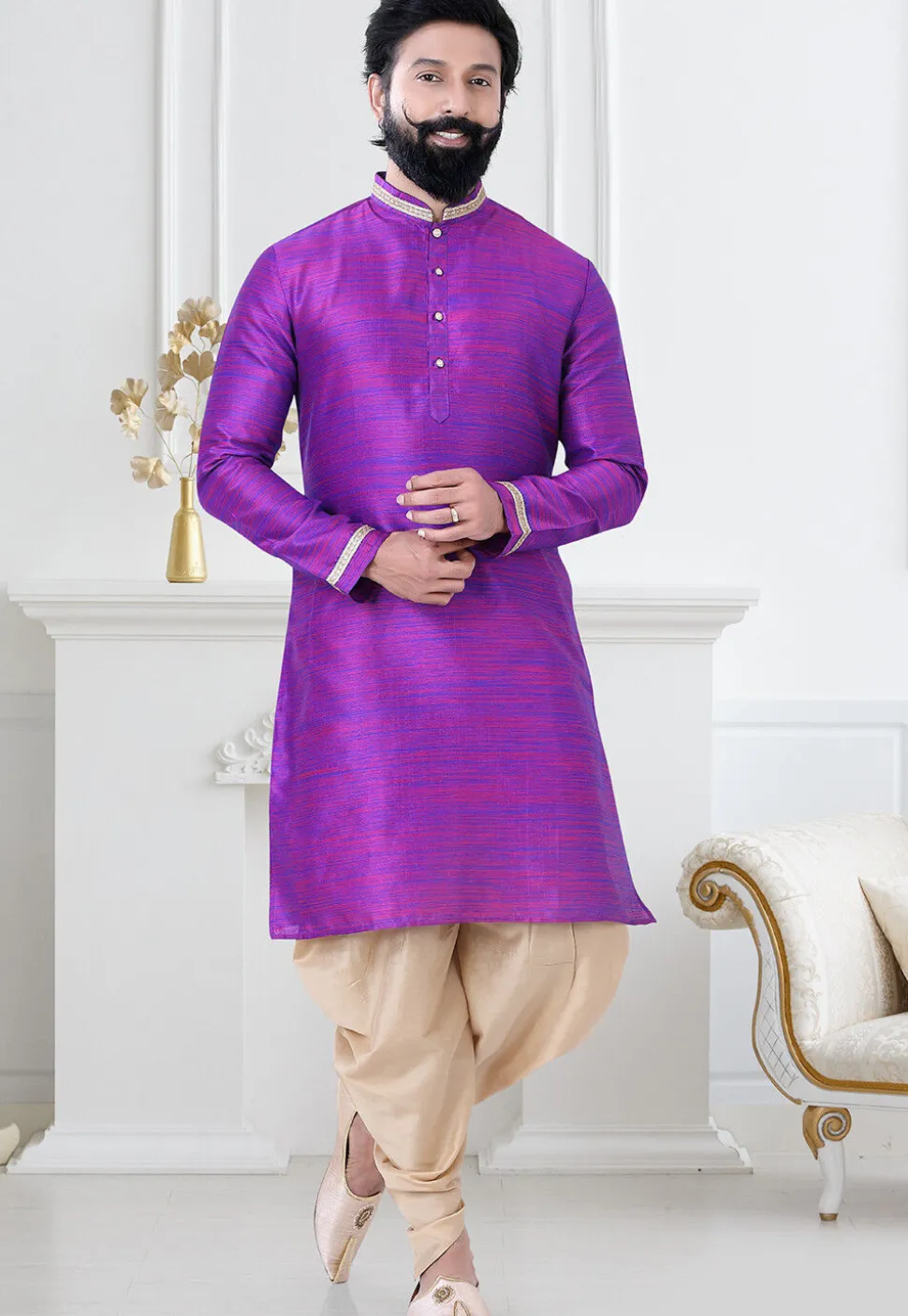 Embellished Art Silk Dhoti Kurta in Purple