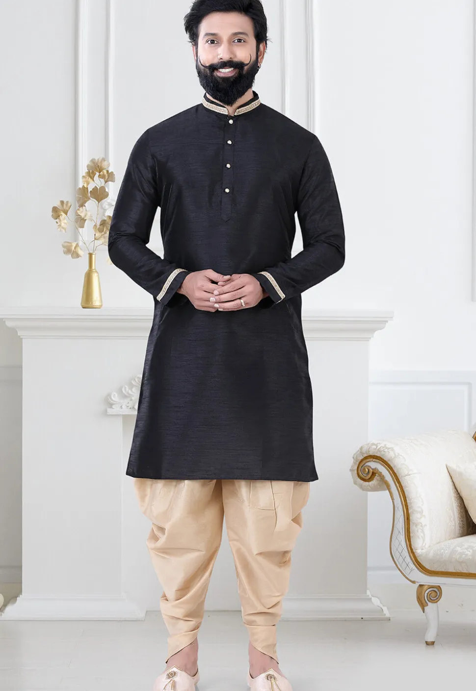 Embellished Art Silk Dhoti Kurta in Black