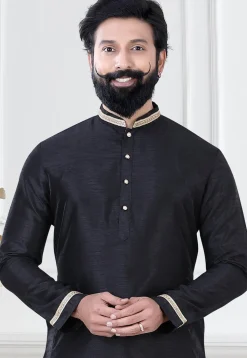 Embellished Art Silk Dhoti Kurta in Black