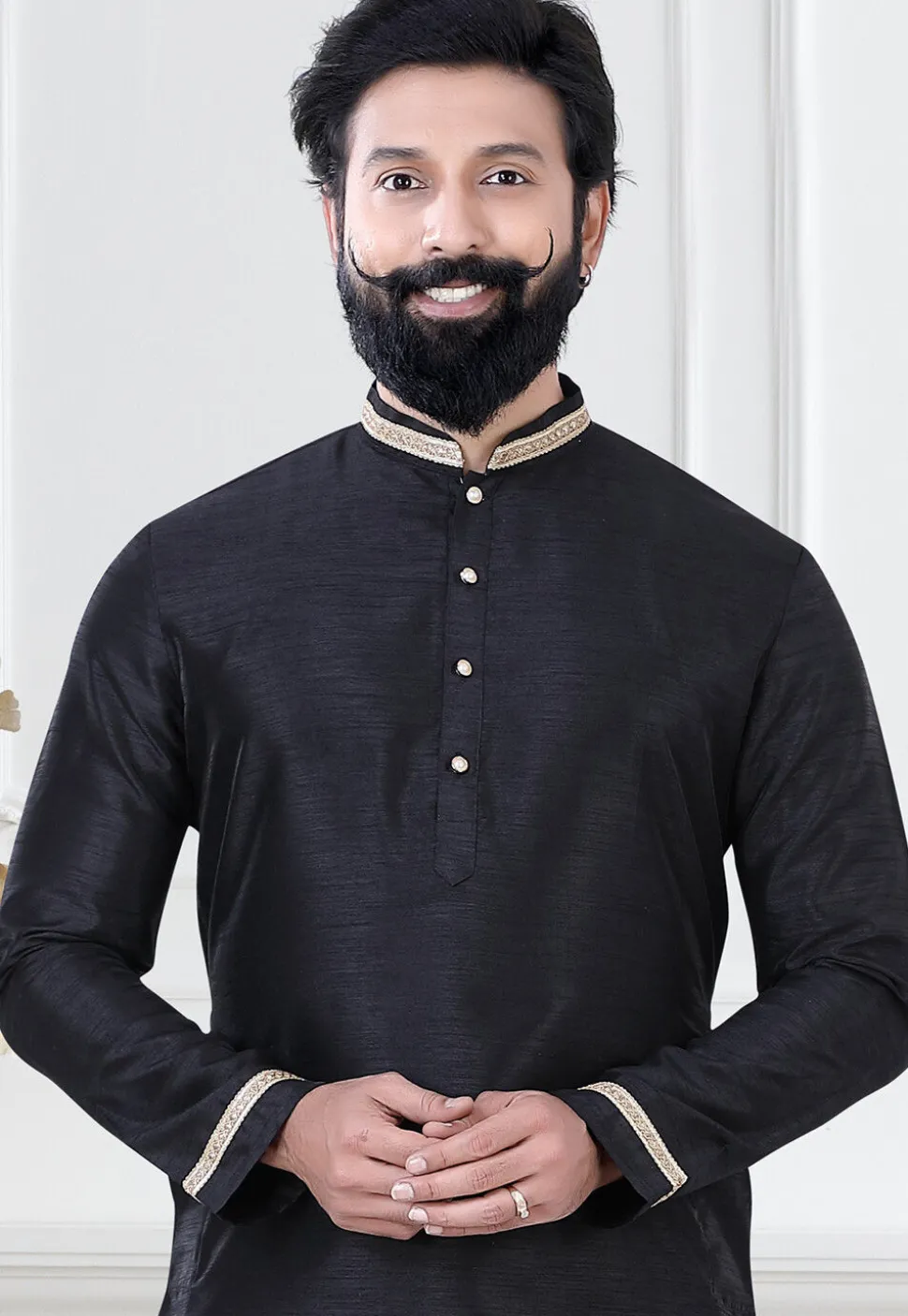 Embellished Art Silk Dhoti Kurta in Black