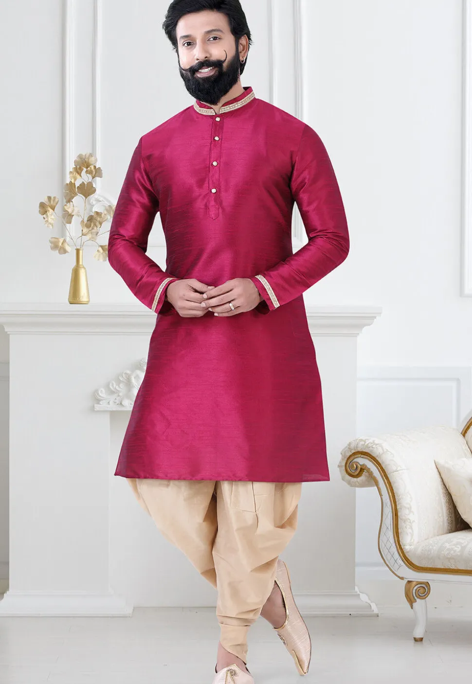 Embellished Art Silk Dhoti Kurta in Pink