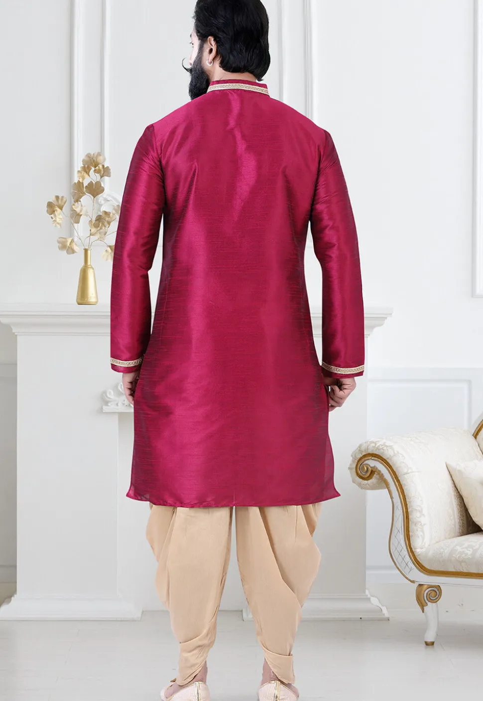 Embellished Art Silk Dhoti Kurta in Pink