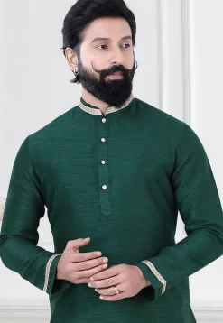 Embellished Art Silk Dhoti Kurta in Dark Green