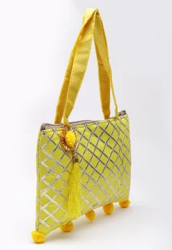 Embellished Art Silk Hand Bag in Yellow