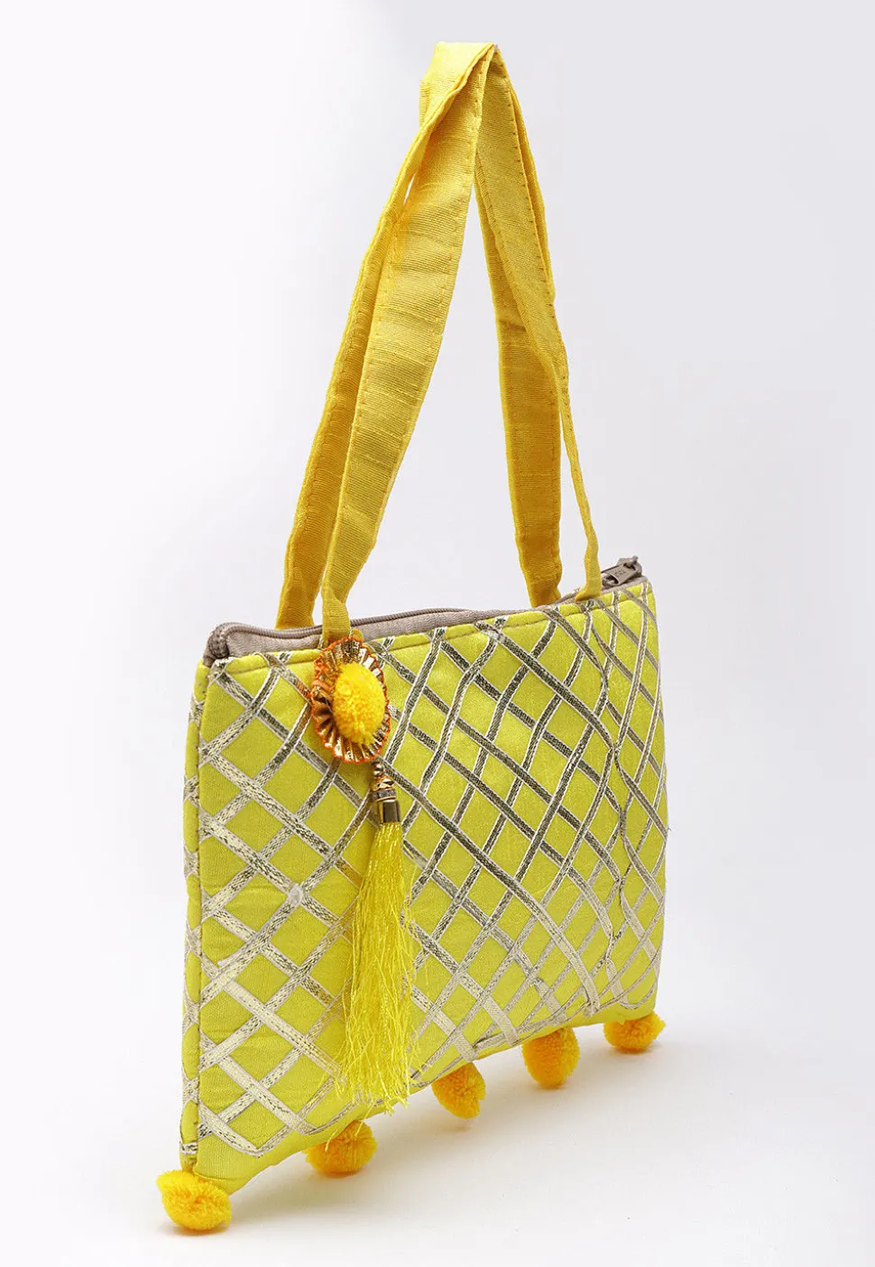 Embellished Art Silk Hand Bag in Yellow