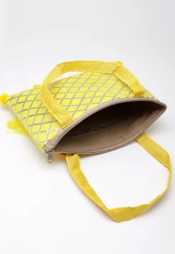 Embellished Art Silk Hand Bag in Yellow