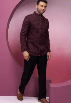 Embellished Art Silk Jodhpuri Suit in Wine