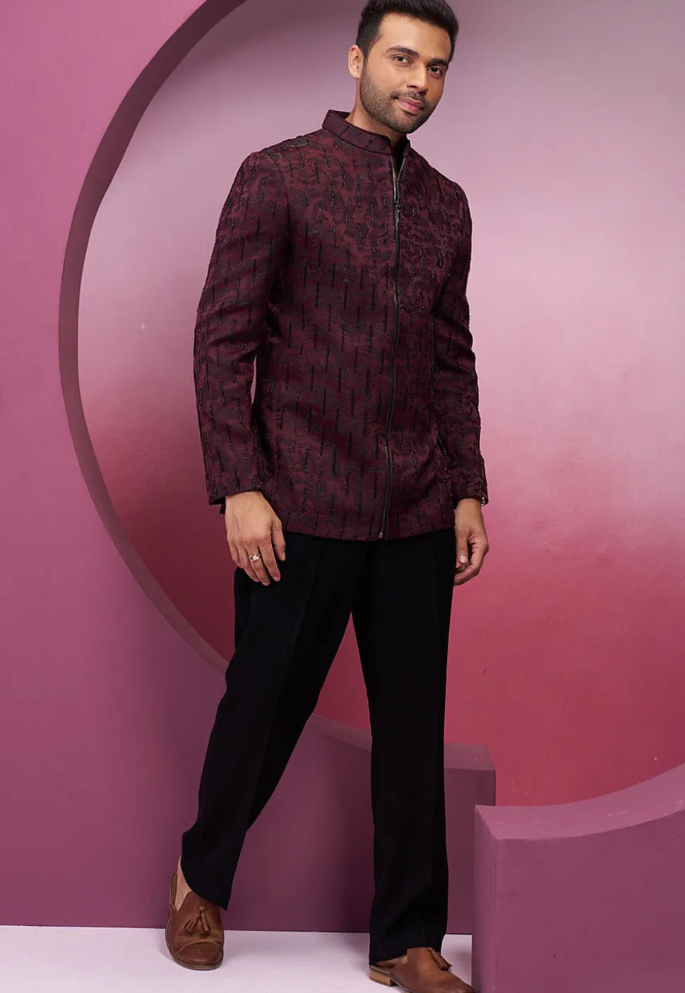Embellished Art Silk Jodhpuri Suit in Wine