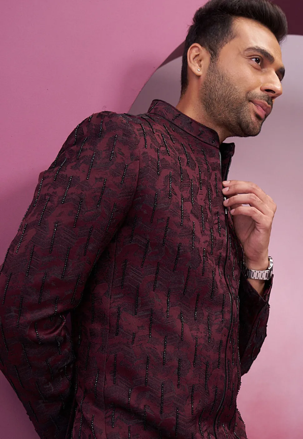 Embellished Art Silk Jodhpuri Suit in Wine