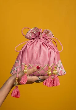 Embellished Art Silk Potli Bag in Pink