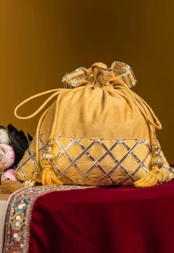 Embellished Art Silk Potli Bag in Yellow
