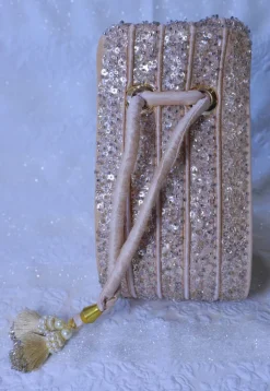 Embellished Art Silk Potli Bag in Peach