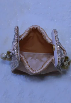 Embellished Art Silk Potli Bag in Peach