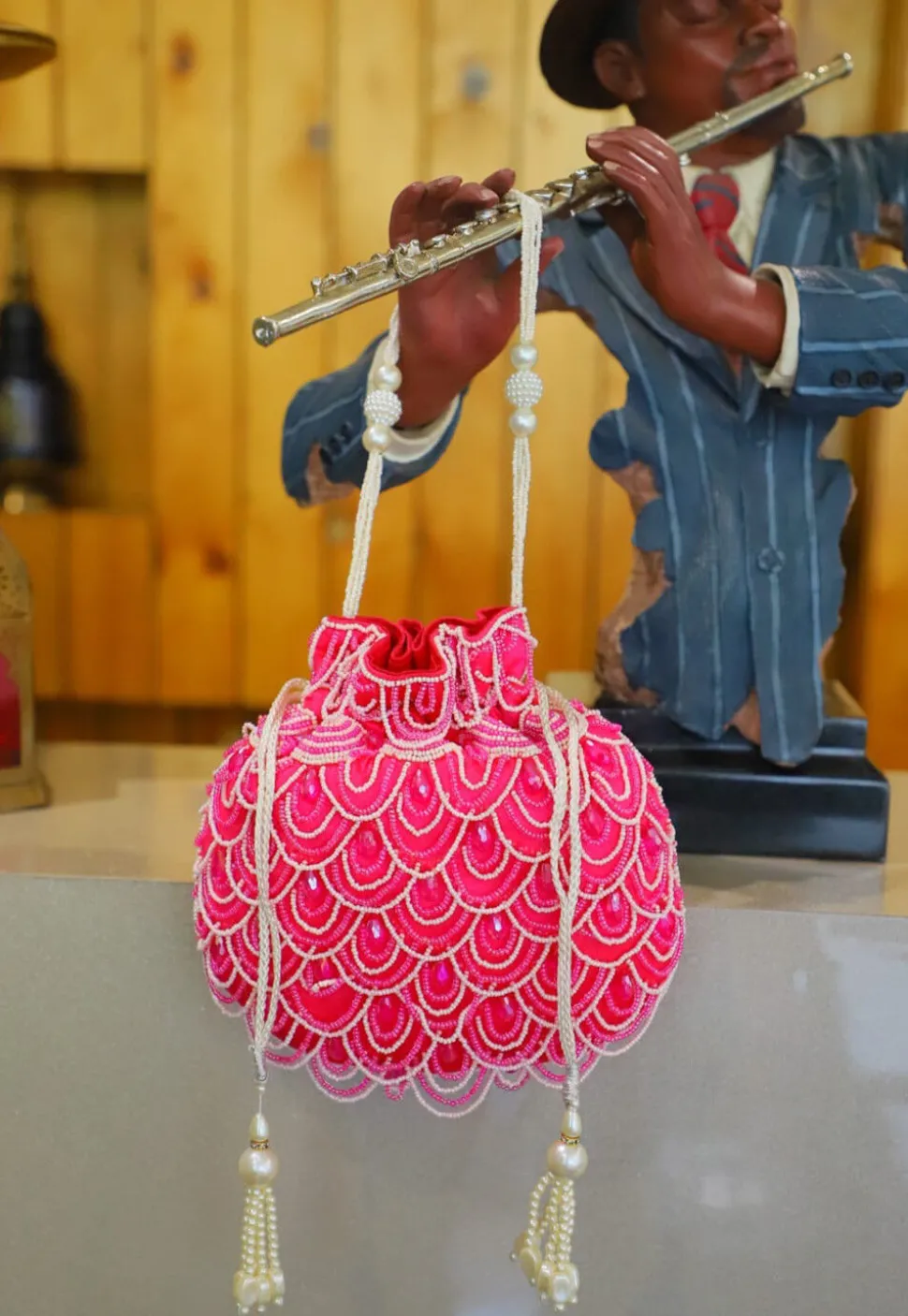 Embellished Art Silk Potli Bag in Pink