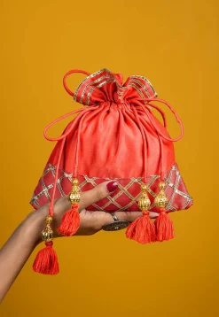 Embellished Art Silk Potli Bag in Orange