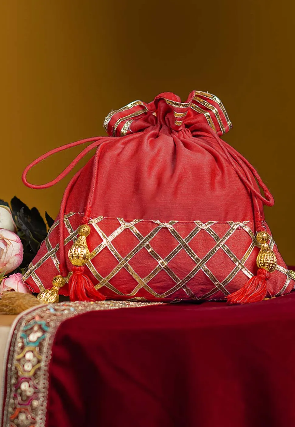 Embellished Art Silk Potli Bag in Coral Red