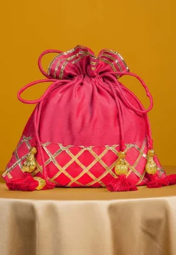Embellished Art Silk Potli Bag in Pink