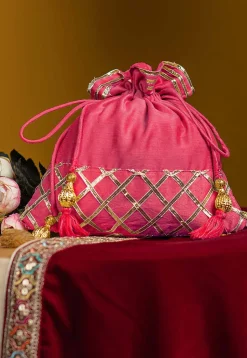 Embellished Art Silk Potli Bag in Pink