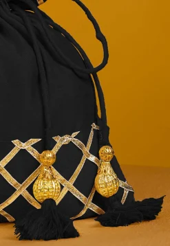 Embellished Art Silk Potli Bag in Black