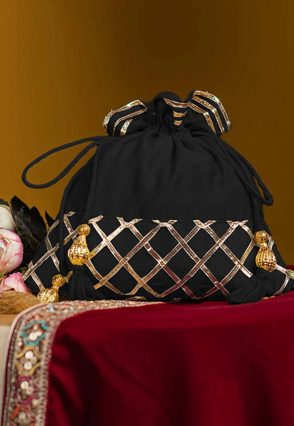 Embellished Art Silk Potli Bag in Black