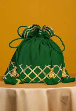 Embellished Art Silk Potli Bag in Dark Green