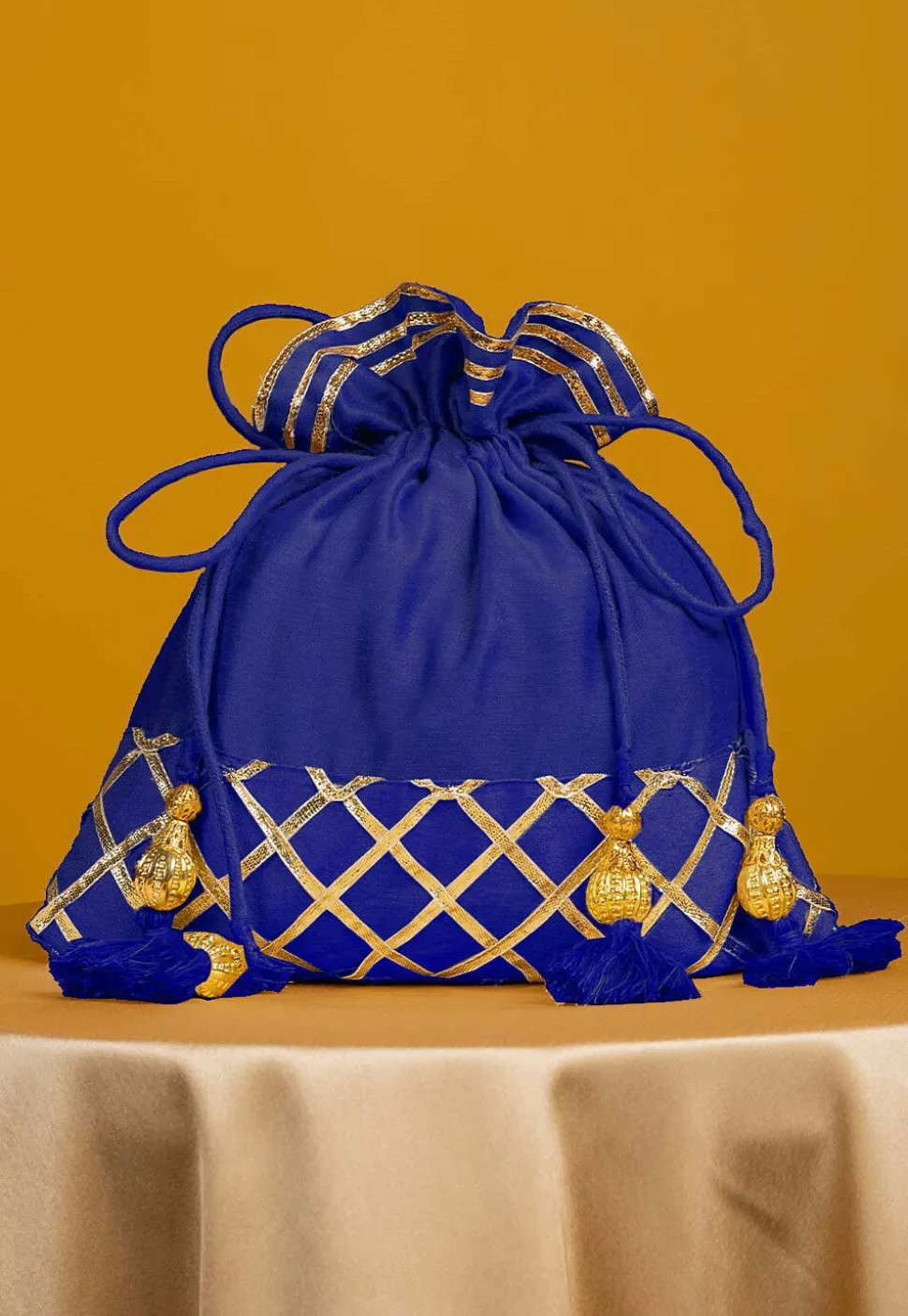 Embellished Art Silk Potli Bag in Royal Blue