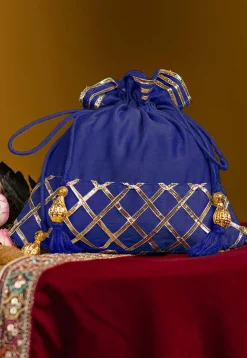 Embellished Art Silk Potli Bag in Royal Blue