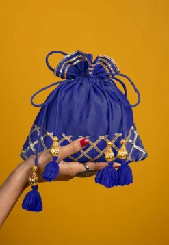 Embellished Art Silk Potli Bag in Royal Blue