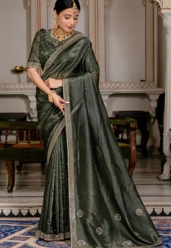 Embellished Art Silk Saree in Dark Green