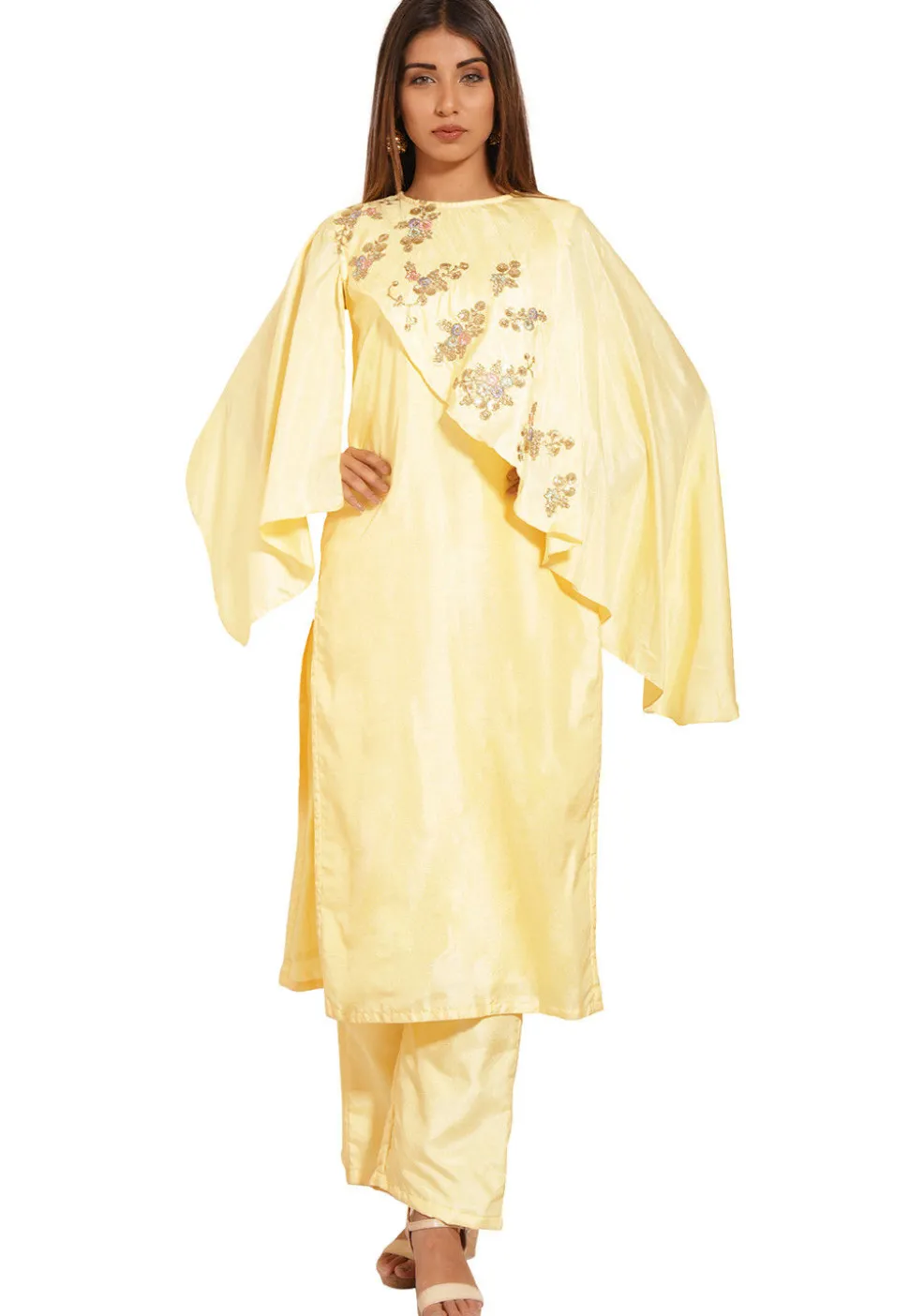 Embellished Art Silk Straight Kurta Set in Pastel Yellow