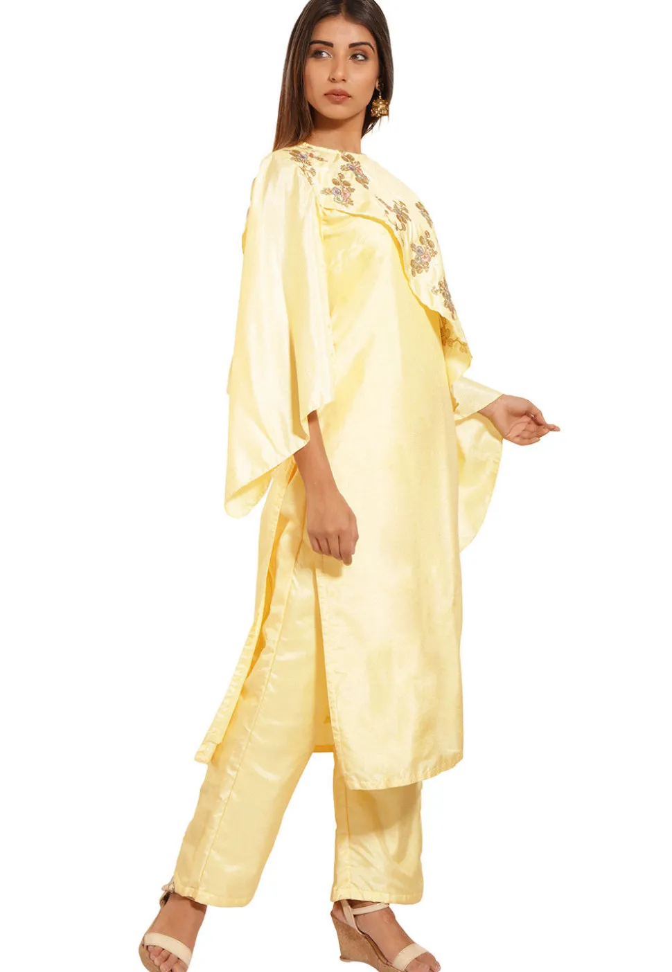 Embellished Art Silk Straight Kurta Set in Pastel Yellow