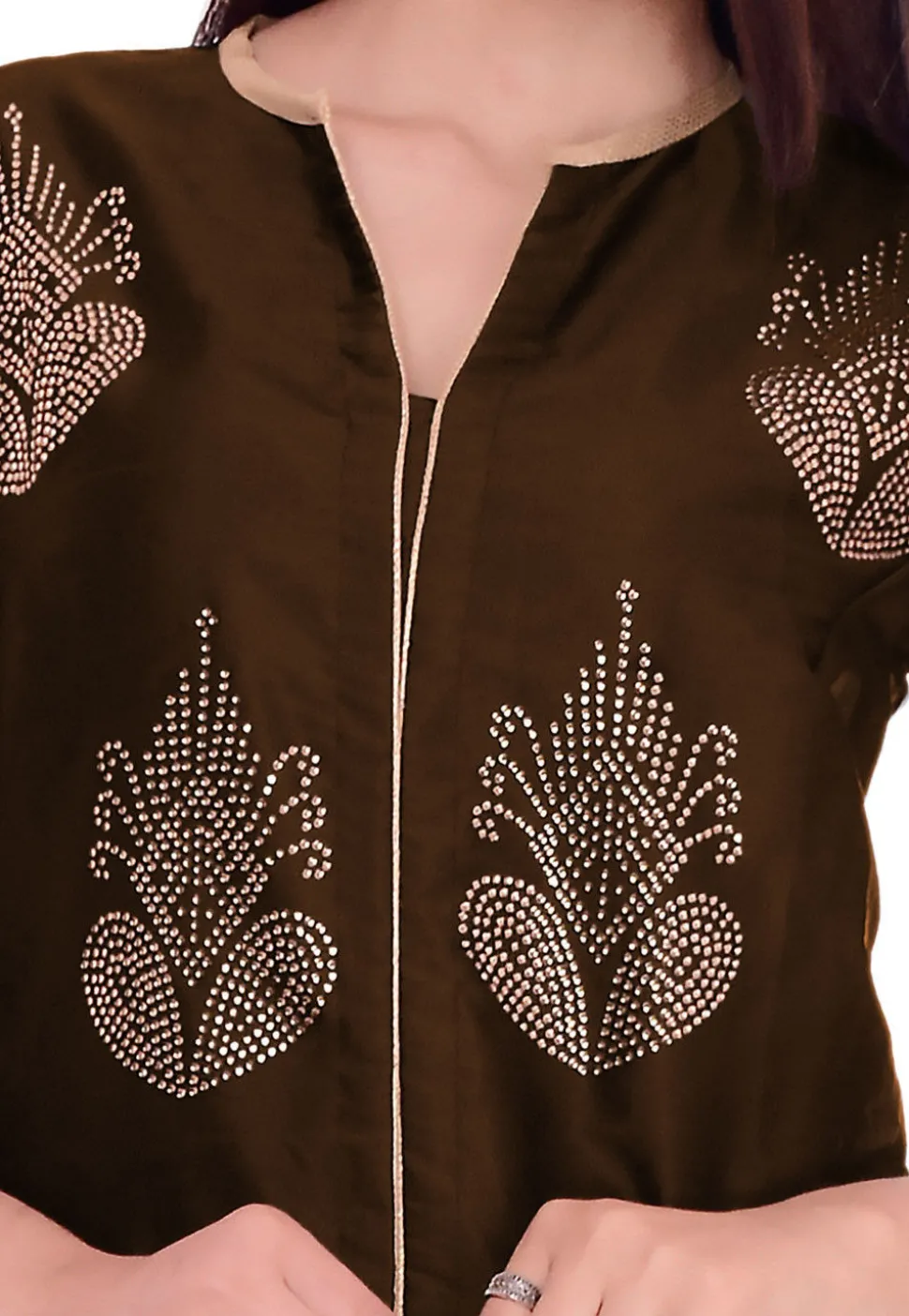 Embellished Art Silk Straight Suit in Dark Brown