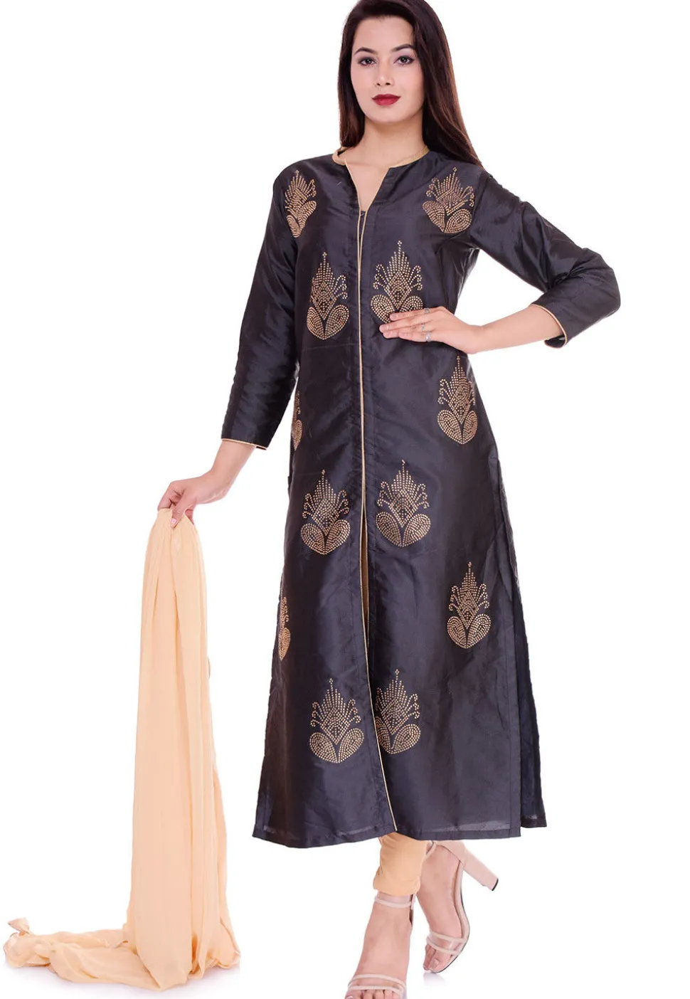 Embellished Art Silk Straight Suit in Dark Grey