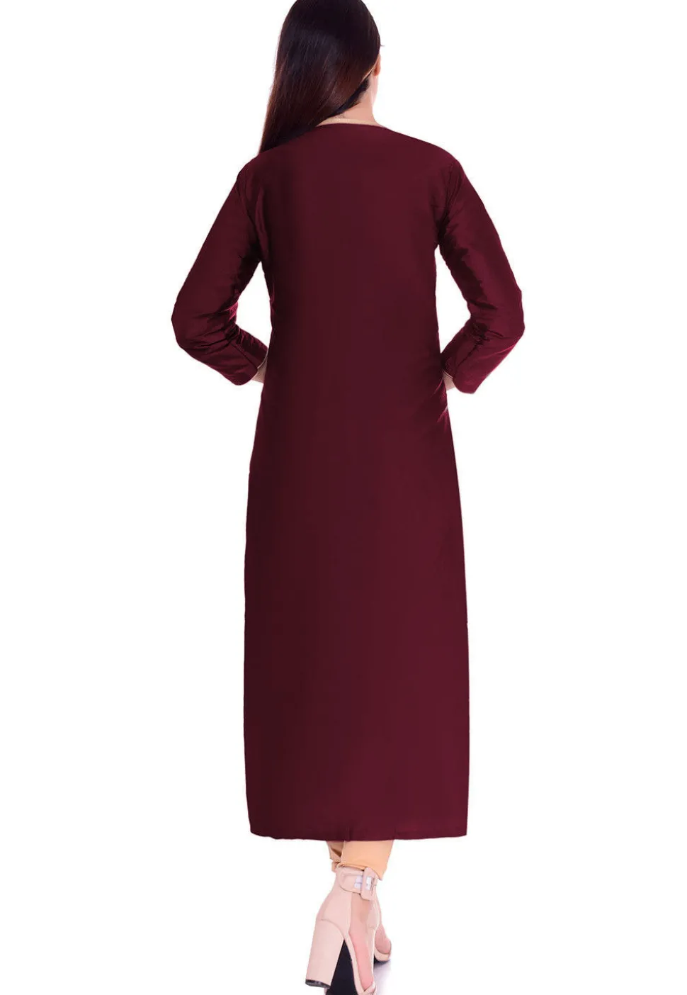 Embellished Art Silk Straight Suit in Dark Wine