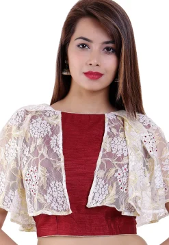 Embellished Bhagalpuri Silk Padded Blouse in Maroon and Off-White