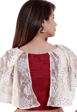 Embellished Bhagalpuri Silk Padded Blouse in Maroon and Off-White