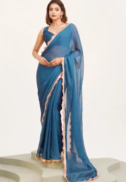 Embellished Border Chiffon Scalloped Saree in Teal Blue