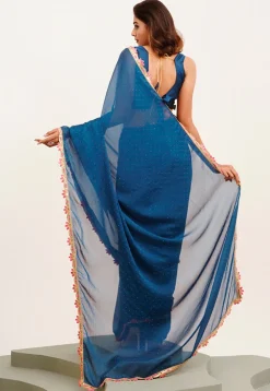 Embellished Border Chiffon Scalloped Saree in Teal Blue