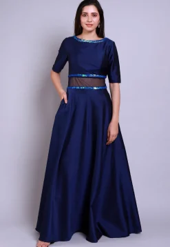 Embellished Caroon Satin Gown in Navy Blue
