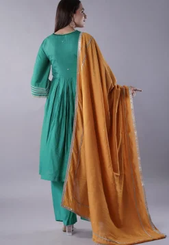 Embellished Chanderi Cotton Pakistani Suit in Green