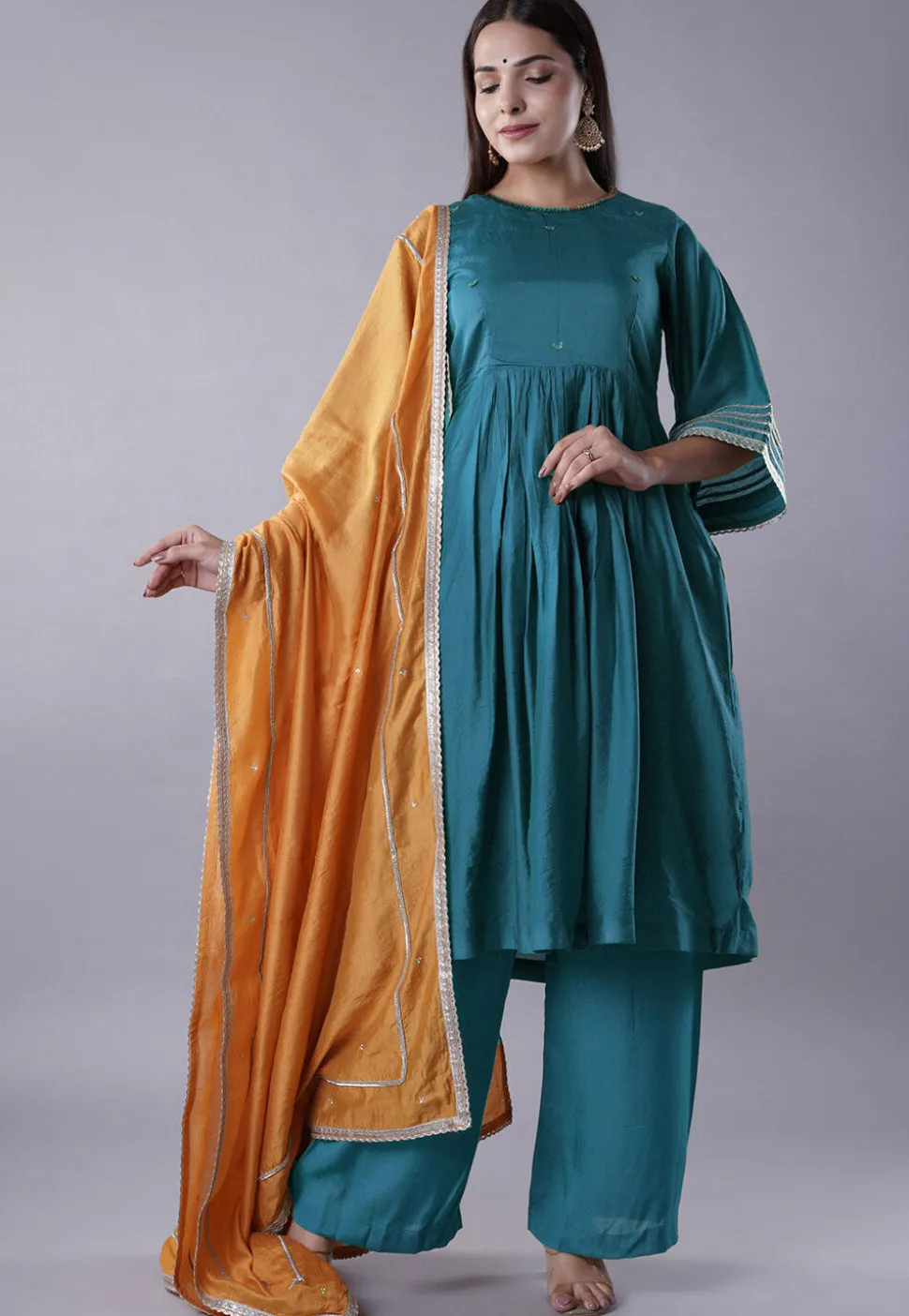 Embellished Chanderi Cotton Pakistani Suit in Teal Blue
