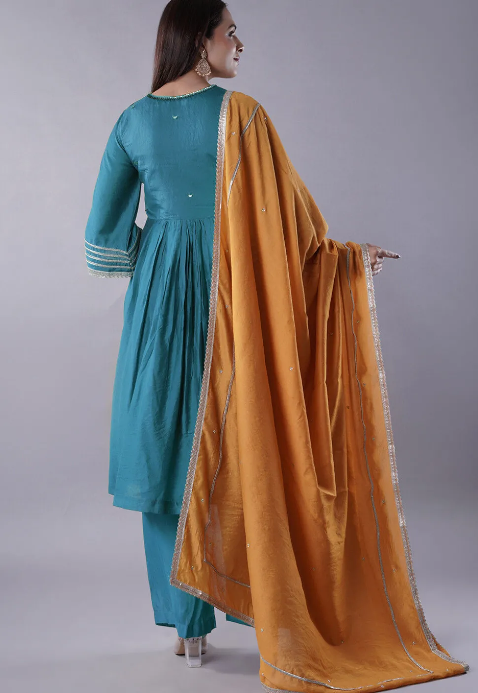 Embellished Chanderi Cotton Pakistani Suit in Teal Blue