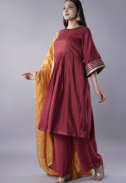 Embellished Chanderi Cotton Pakistani Suit in Maroon