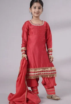 Embellished Chanderi Silk Punjabi Suit in Red