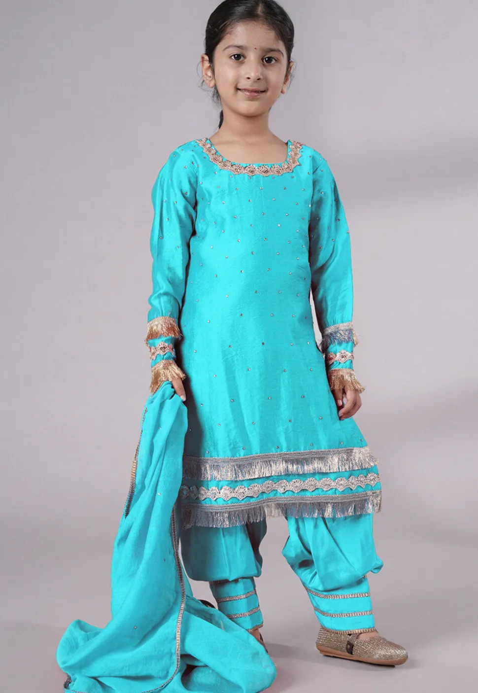 Embellished Chanderi Silk Punjabi Suit in Sky Blue