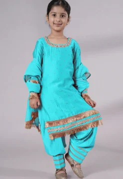 Embellished Chanderi Silk Punjabi Suit in Sky Blue